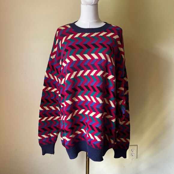 Vintage 90s Zig Zag Sweater Hand Loomed Red Blue 100% Cotton Crewneck Large - Picture 1 of 7